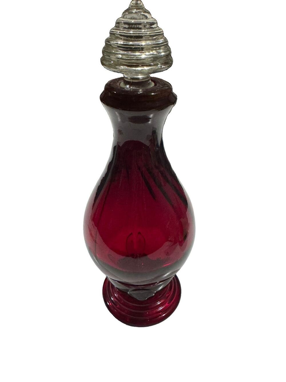 Vtg New Martinsville Ruby Red Moondrop Glass Decanter W/ CLEAR SWIRL STOPPER 11"